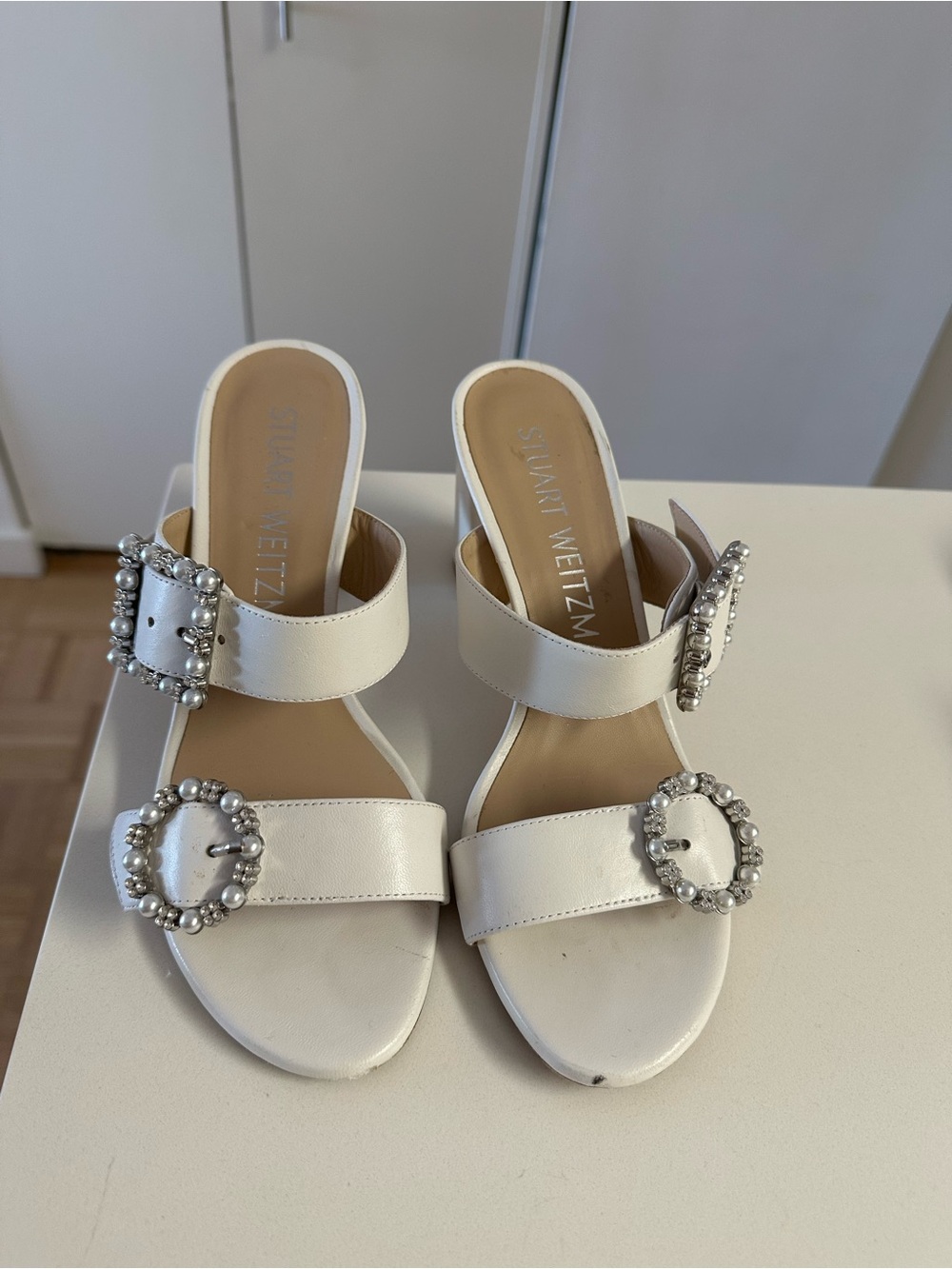 Stuart Weitzman Pearl Geo Buckle 75 Slide Sandal Heel White Size 7
